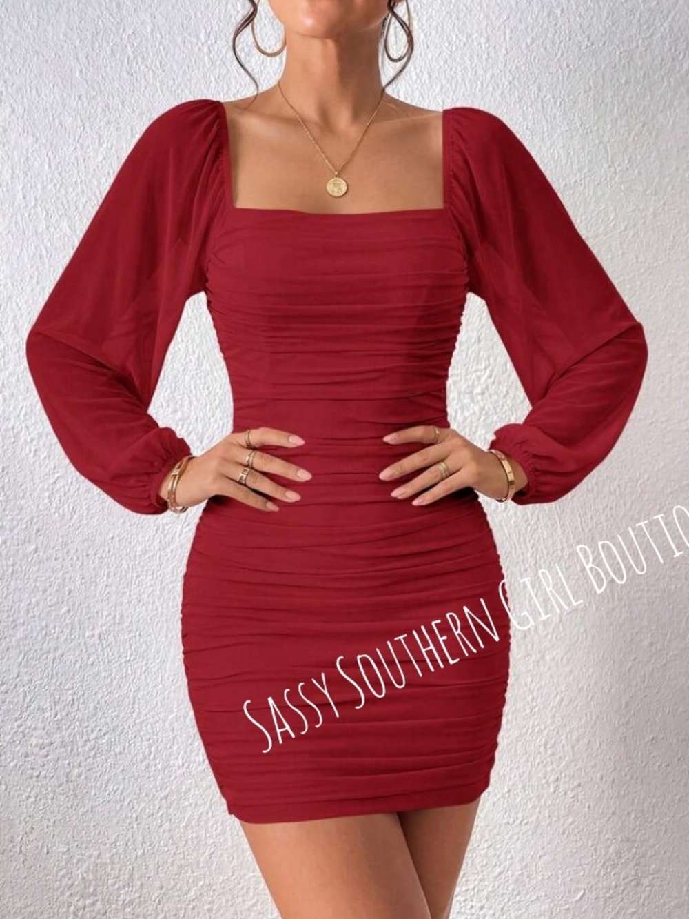 🆕⭐Red Ruched Long-Sleeve Mini Dress - Picture 5 of 13